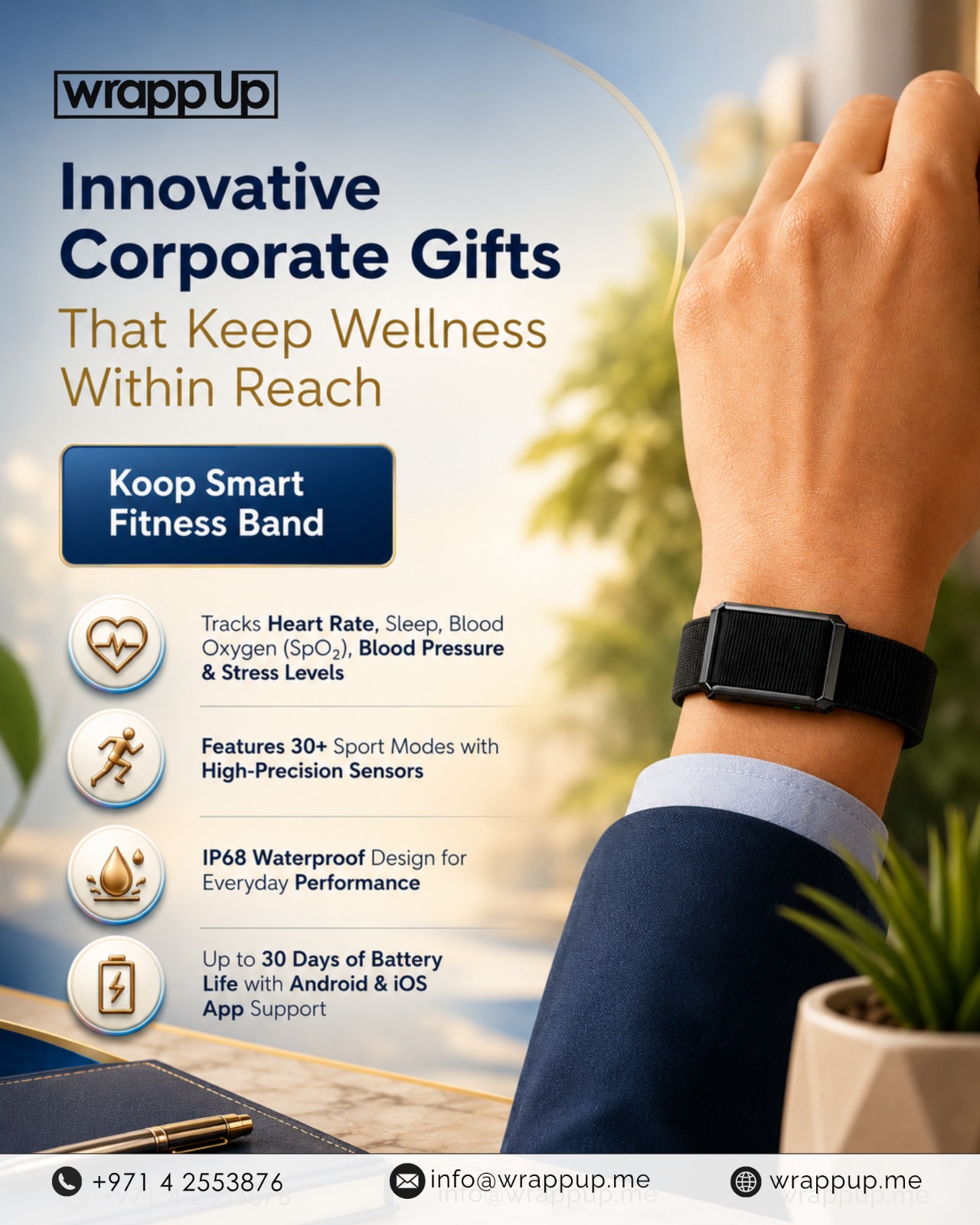 Koop Smart Fitness Band – Corporate Gift by Wrapp Up | Heart Rate, SpO2 & BP Tracker Dubai in Dubai — Accessories
